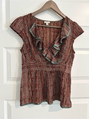 Odille Anthropologie Silk Blouse Brown Cream Size 6